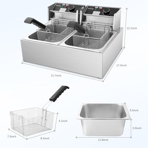 Freidora comercial – Freidora eléctrica de 3400 W con cestas de 2 x 6.35 cuartos de galón de acero inoxidable de 0.6 mm de espesor, 20.7 cuartos de galón de gran capacidad con limitador de temperatura