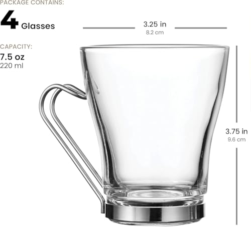 Bormioli Rocco Oslo - Vasos de vidrio para Cappuccino, juego de 4 | Vidrio templado, manijas ergonómicas de acero inoxidable, aptas para lavavajillas | Para bebidas de café, bebidas, Latte, Macchiato, Espresso, Mocha y más