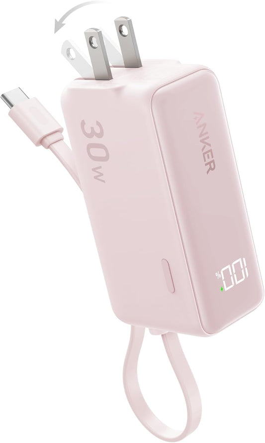 Power Bank Anker Negro 3 en 1 de 5,000 mAh con Cable USB-C y Enchufe Plegable para iPhone y Galaxy