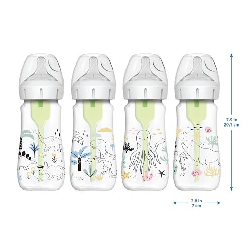 Dr. Brown's Natural Flow® Anti-Colic Options+™ Wide-Neck Baby Bottle Designer Edition Bottles, Dino Decos, 9oz/270mL, Level 1 Nipple, 2-Pack, 0m+