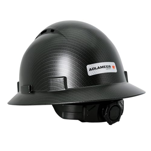 Casco de ala completa de fibra de carbono negro mate con gafas de seguridad y forro para hombres y mujeres, OSHA para construcción, seguridad con correa de barbilla y visera solar, perfil bajo