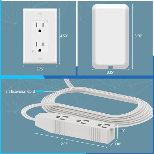 LIDER Extensor de toma de cara plana con 3 receptáculos, enchufe de placa de pared ultradelgado con extensor de cable y tira de alimentación de 3 salidas, cable de 8 pies, LWE8-315-W, listado ETL