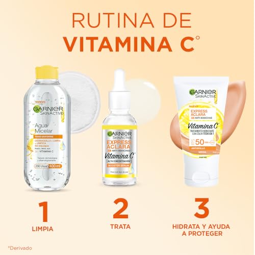 Kit Garnier Express Aclara Rutina anti manchas con Vitamina C: Sérum facial, agua micelar y todo-en-1 tono medio con FPS, 3 piezas. Hidrata, ilumina y unifica el tono de la piel