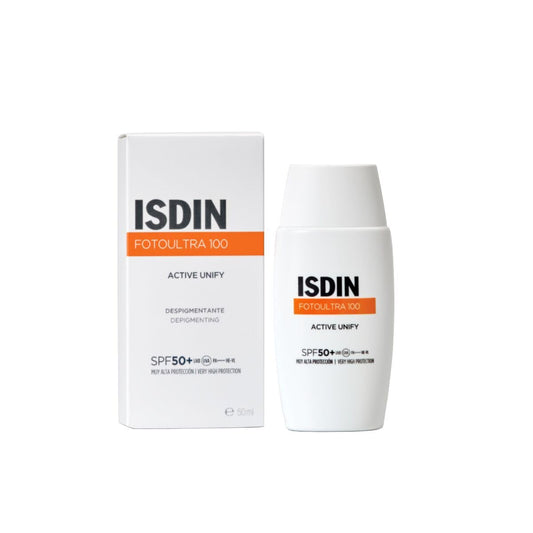ISDIN FotoUltra 100 Active Unify SPF 50+, Protector Solar Facial, Aclara y unifica el tono de piel, 50 ml