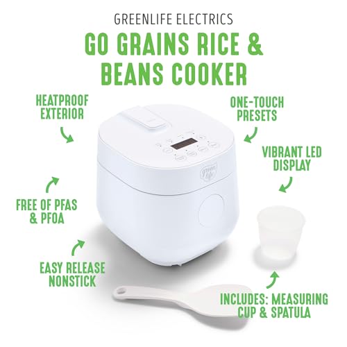 GreenLife - Olla digital de arroz y frijoles, 2 tazas sin cocinar/4 tazas cocidas, olla extraíble de cerámica antiadherente sin PFAS, preestablecidos de un solo toque, avena, quinua, arroz integral