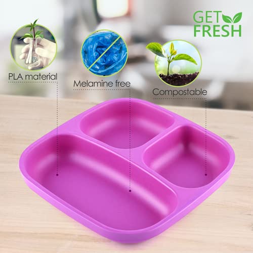 Get Fresh Juego de platos para niños divididos PLA - 2 piezas sin melamina - Vajilla infantil dividida segura para microondas - Platos infantiles apilables sin BPA - Platos reutilizables aptos para