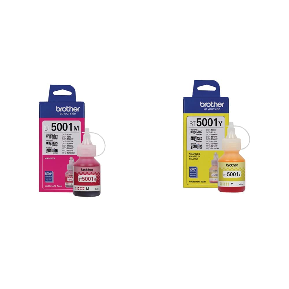 BROTHER Botella de Tinta Magenta BT5001M 5,000 Páginas + Botella de Tinta Amarilla BT5001Y 5,000 Páginas, Tinta Original Brother, Compatibles con DCP-T300, DCP-T500W, DCP-T700W, MFC-T800W