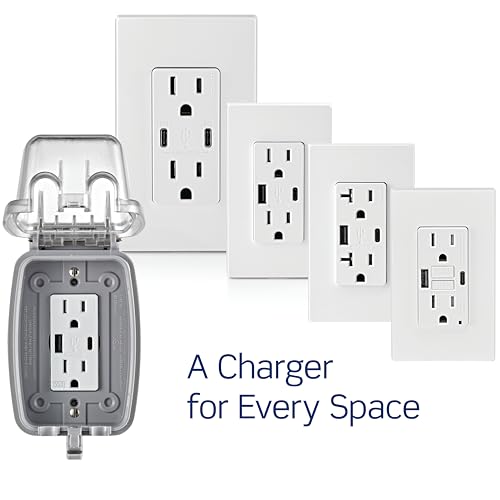 Leviton T5634-W 60W (20V a 2.5A+ 5V a 2A) Cargador USB de Doble Tipo A/Tipo-C para Entrega de energía en la Pared con Toma de 15A Resistente a manipulaciones, Cargador USB para Smartphones, tabletas,