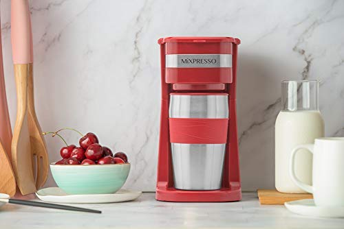Mixpresso - Cafetera personal y taza de viaje de 14 onzas, cafetera pequeña y vaso de goteo, apagado automático y filtro reutilizable, cafetera roja compatible con posos de café