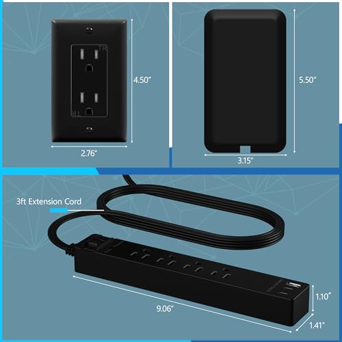 LIDER Extensor de toma protegido contra sobretensiones, tira de alimentación de 4 tomas, USB tipo A de 21 W y 2 puertos USB tipo C, enchufe de placa de pared ultrafino con extensor de cable, cara