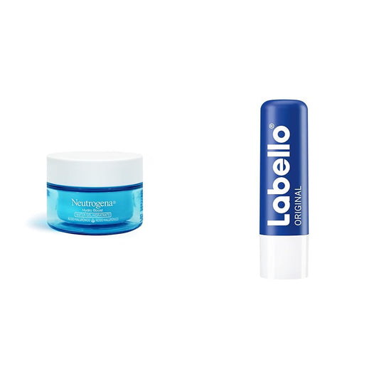 NEUTROGENA Hidratante Facial Hydro Boost Water gel 50 g + LABELLO Bálsamo labial Classic (4.8 g) protector labial con Vitamina E libre de aceites minerales 24 horas de humectación