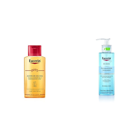 Eucerin Ph5 Aceite de Ducha para Piel Sensible o Seca, 200 ml + Gel Limpiador Facial DermatoClean para piel normal a mixta, 200ml, empaque puede variar
