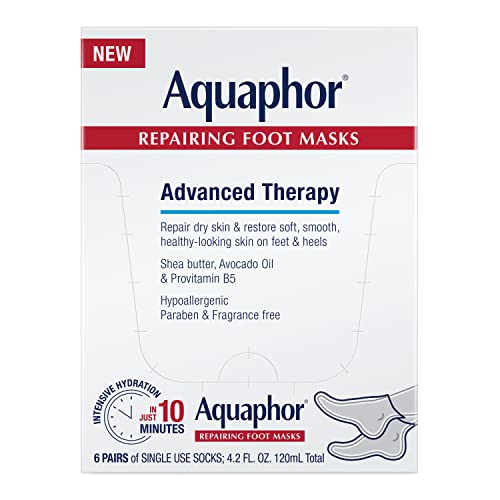 Aquaphor Mascarillas reparadoras para pies, calcetines hidratantes para pies secos, tratamiento hidratante para el cuidado de los pies con aceite de aguacate y manteca de karité, paquete de 6
