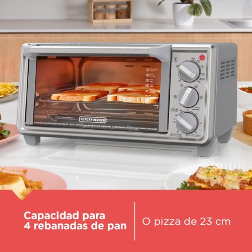 Black+Decker Horno tostador de 4 rebanadas, TO4130-1SDLA con tecnologia Eventoast para un tostado uniforme, 5 Funciones de cocción, 1150 Watts