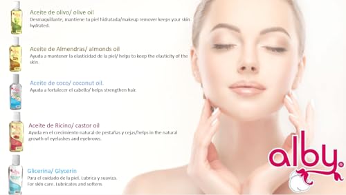 Pack de 6 Aceites Corporales Alby con Almohadilla Facial y Pads Desmaquillantes - Elimina Estrías, Estimula el Crecimiento de Pestañas, Hidrata y Suaviza la Piel - Limpieza Facial y Cuidado Personal - Almohadillas de Algodón.