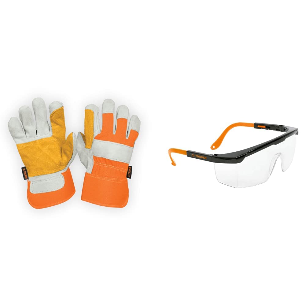 Guantes de Carnaza y Loneta Truper Beige con Refuerzo Unitalla y Lentes de Seguridad Ajustables Truper Transparente Classic