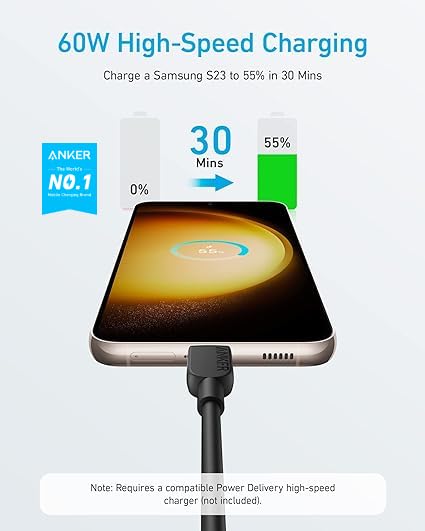 Cable USB C Anker 310 Negro Carga Rápida para Samsung Galaxy S23, iPad Pro 2021 y Más