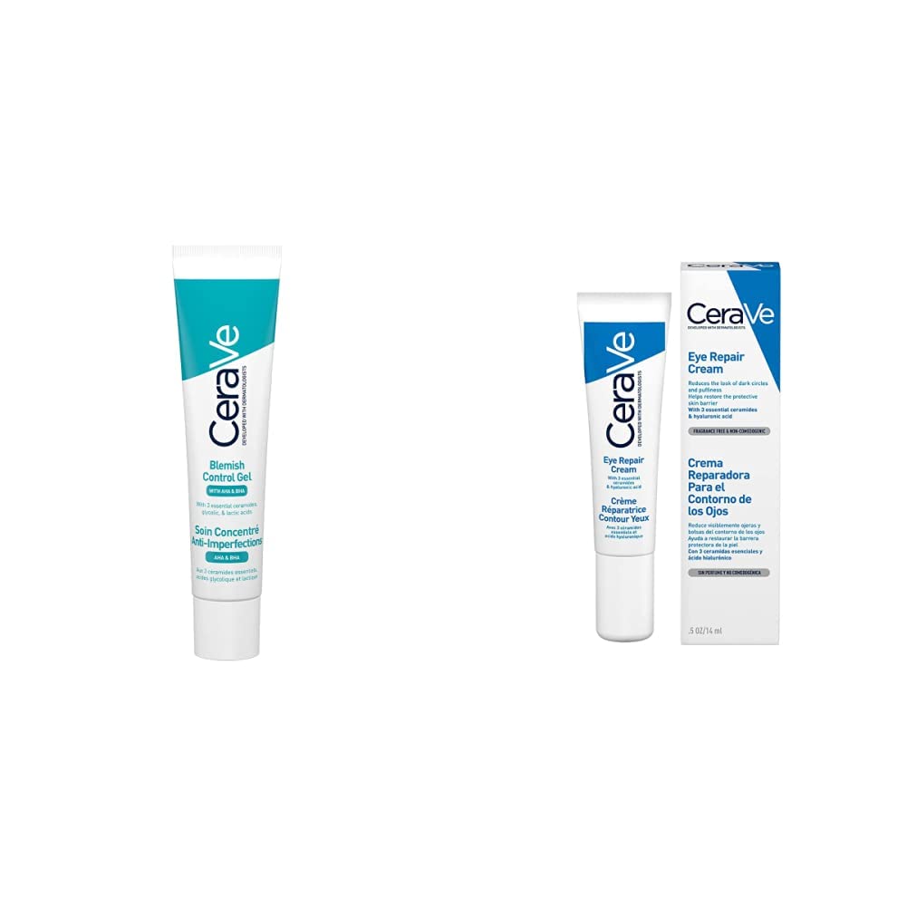 Cerave Gel Facial tratamiento Anti-imperfecciones Para Piel Grasa o Acne, 40ml + Crema Reparadora para el Contorno de Ojos |14gr| Crema hidratante de ojos para bolsas y ojeras | Libre de fragancia