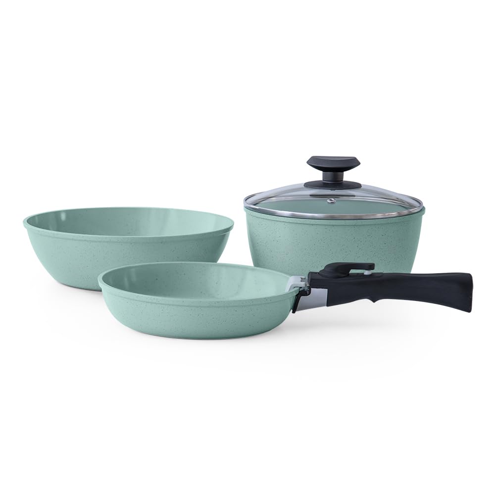 JADECOOK Batería de cocina Jade Smart antiadherente 10 piezas, mango desmontable y utensilios multipropósito con 6 capas de recubrimiento antiadherente 100% libre de tóxicos