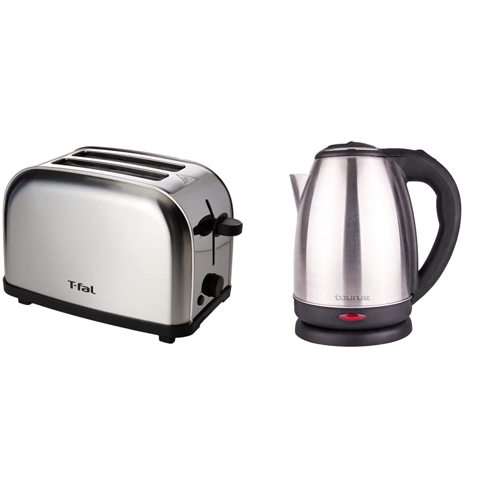 Tostador de Pan T-Fal TT330DMX Ultra Toaster Compacto Inox para dos panes con 6 niveles de temperatura de 700W y acero inoxidable + Taurus Hervidor de Agua Caronte, 2 Lt, 1000 W