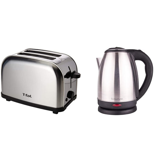 Tostador de Pan T-Fal TT330DMX Ultra Toaster Compacto Inox para dos panes con 6 niveles de temperatura de 700W y acero inoxidable + Taurus Hervidor de Agua Caronte, 2 Lt, 1000 W