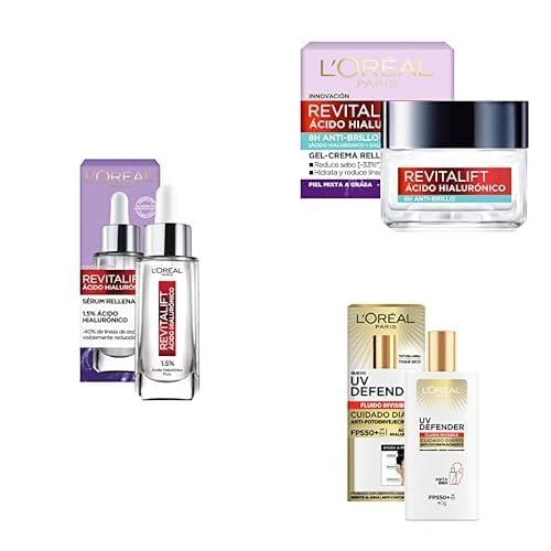 Kit L'Oreal Paris Skincare Serum Facial ácido hialurónico + Crema en Gel Revitalift ácido hialuronico + UV Fluid, protector solar sin color fps50