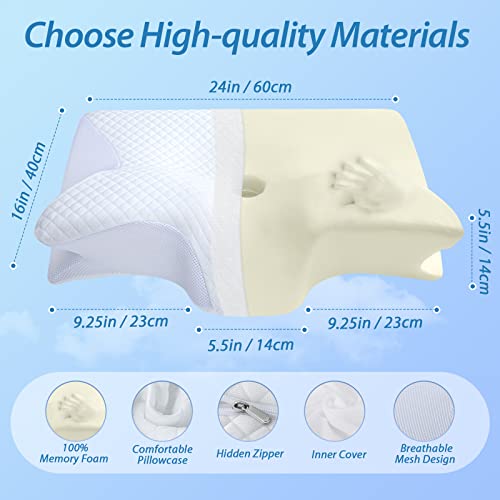 HOMCA Almohada cervical ortopédica de espuma viscoelástica 2 en 1, almohada ergonómica para espalda, de lado y boca abajo, 60 x 13/11 x 40 cm