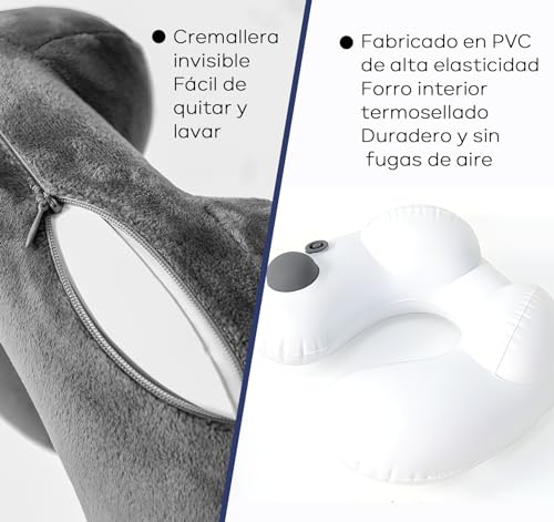 Almohada de Viaje, Almohada de Cuello, Almohada Inflable Desinflado con Máscara de Ojos, Tapones para los oídos Ruidosos, Bolsa con Cordón, Soporte de Cuello, para Avión, Oficina, Automóviles y Hogar