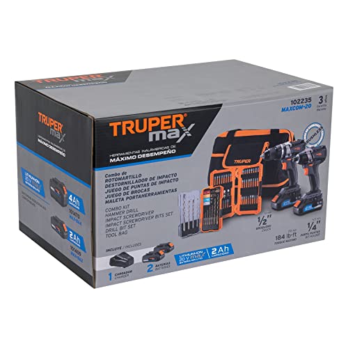 Truper Max MAXCOM-20, Combo Rotomartillo 1/2" y Destornillador inalámbrico 1/4", motor libre de carbones (brushless) con 2 baterías de 2 Ah, maleta de 13" y juego de 11 brocas, 20 V