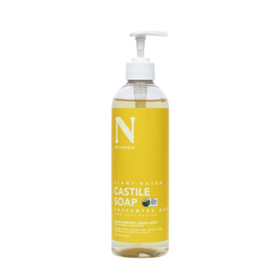 Dr. Natural Jabón de Castilla Líquido para Cuerpo | Natural, Orgánico, Sin Sulfatos y Parabenos | Shampoo y Jabon Facial | Hecho de Plantas, Aceite de Oliva, Coco y Palma, Manteca de Karité y Romero (Sin Esencia)