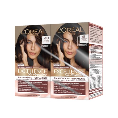 Pack de 2 tintes sin amoniaco L'Oréal Paris Excellence Tono 4U Castaño Universal - ¡Dale color a tu cabello de forma segura y duradera con nuestra fórmula sin daños ni irritaciones! Ideal para un tono castaño natural y vibrante. ¡Compra ahora!