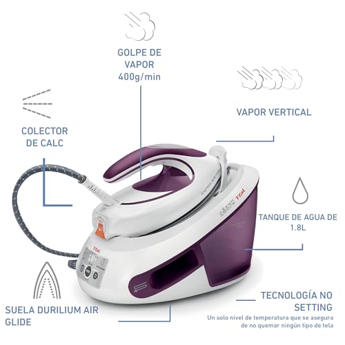 Central de Vapor T-Fal Express Blanca/Morada, Suela Durilium AirGlide, Plancha tu ropa facil y rapido, Depósito de 1.8 L, SV8031X0