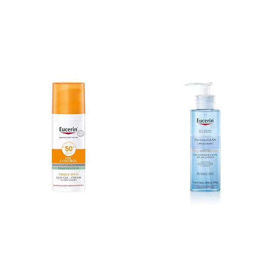 Eucerin Protector solar facial efecto mate toque seco Oil Control, 50 ml + Gel Limpiador Facial DermatoClean para piel normal a mixta, 200ml, empaque puede variar