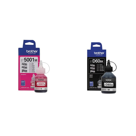 BROTHER Botella de Tinta Magenta BT5001M 5,000 Páginas, Talla Unica + Botella de Tinta Negra de Ultra Rendimiento Repuesto de Tinta para 1 Piece (BRT BTD60BK)