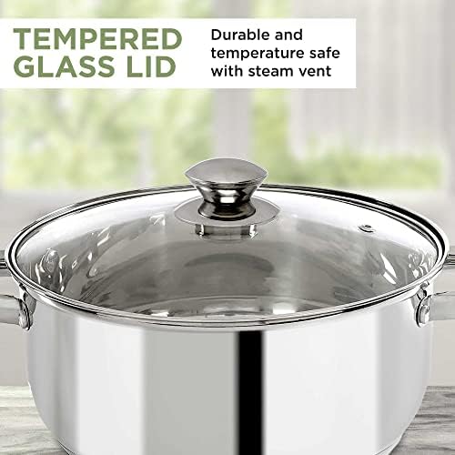 Ecolution Olla de acero inoxidable con parte inferior encapsulada a juego con tapas ventiladas de vidrio templado, hecha sin PFOA, apta para lavavajillas, 5 cuartos de galón, color plateado