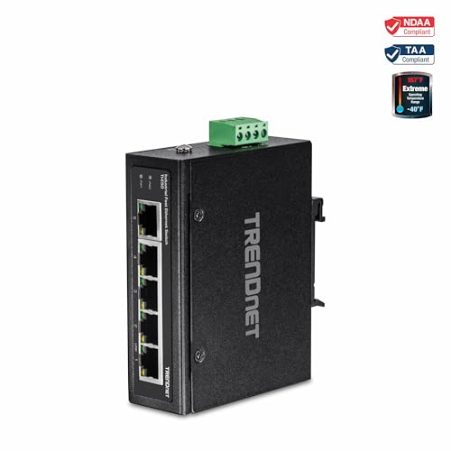 TRENDnet 5-Port Industrial Unmanaged Fast Ethernet DIN-Rail Switch, 5 x Fast Ethernet Ports, IP30, Operating Temperature Range of -40° – 75°C (-40° – 167°F), Lifetime Protection, Black, TI-E50