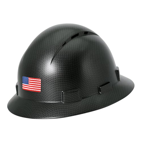 Casco de ala completa de fibra de carbono negro mate con gafas de seguridad y forro para hombres y mujeres, OSHA para construcción, seguridad con correa de barbilla y visera solar, perfil bajo