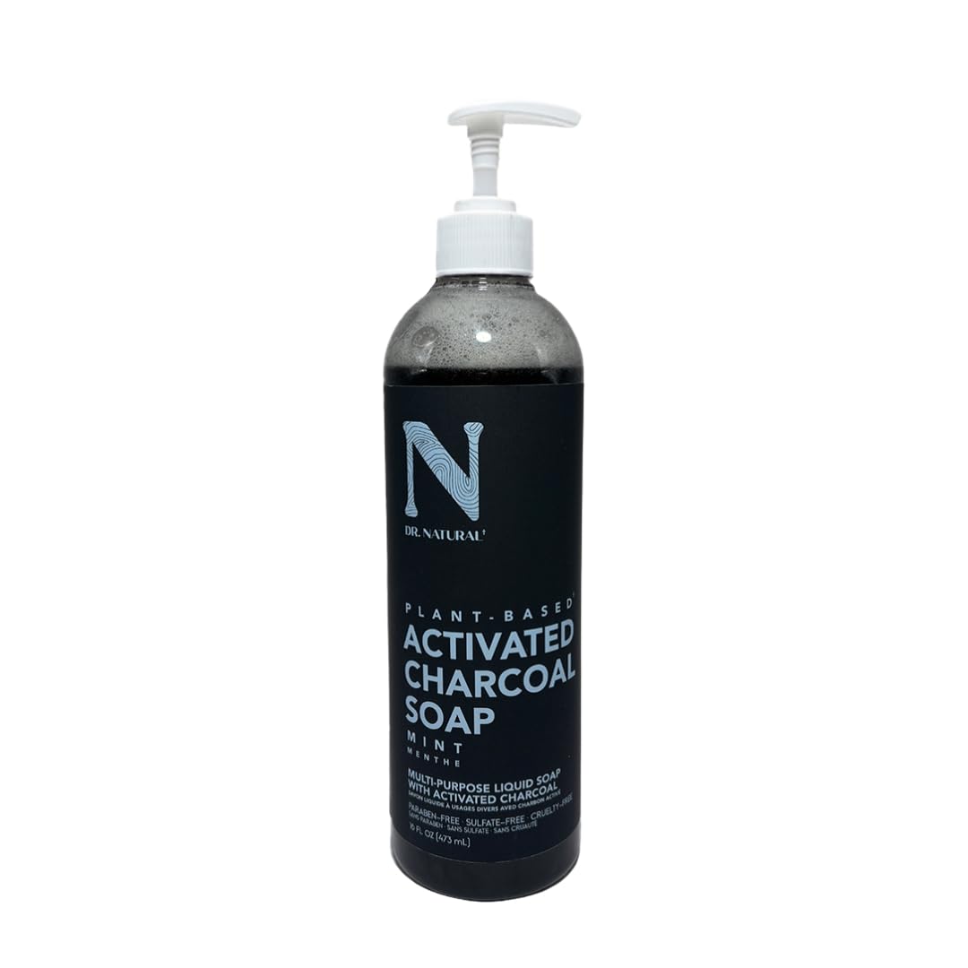 Dr. Natural Jabón Liquido Facial y para Cuerpo con Carbón Activado | Exfoliante Corporal y Facial | Natural, Vegano y Orgánico | Hecho de Plantas Con Aceite de Oliva y Coco, Manteca de Karité y Romero (473 ml, Menta)
