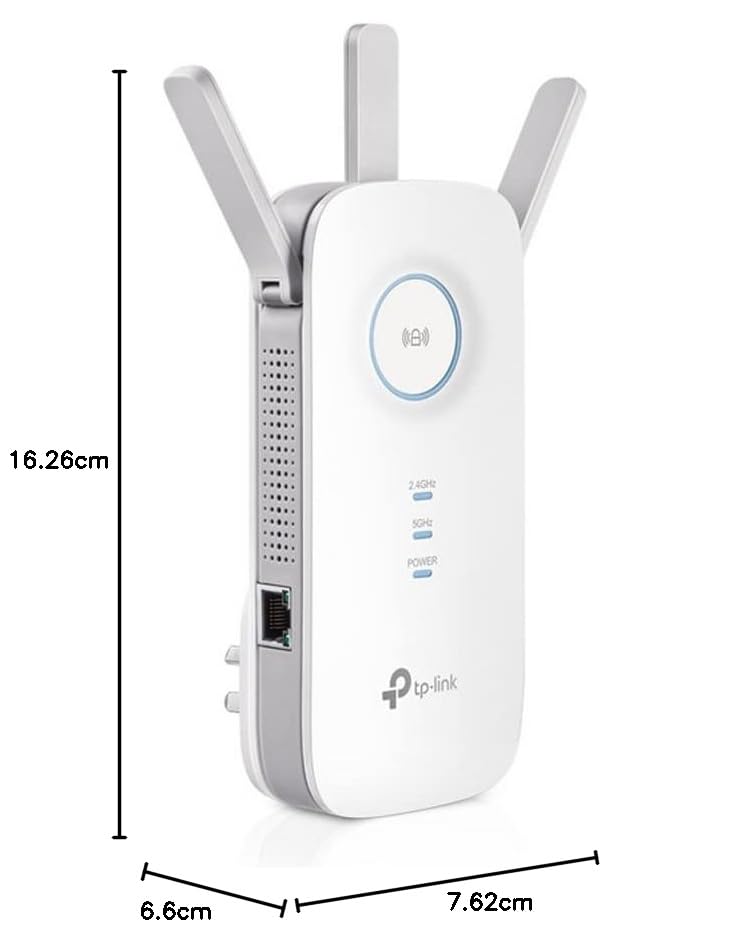 TP-Link RE450 Extensor de Rango de Repetidor WiFi de Banda Dual Universal, 3 Antenas Externas, Puerto Gigabit Ethernet, AC1750, Modo AP Compatible, Blanco