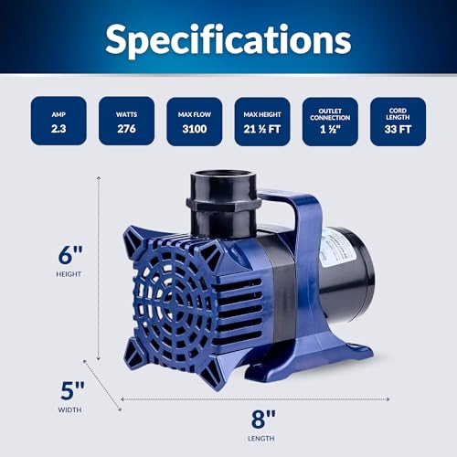Bomba de Agua Sumergible Alpine Corporation 3100 GPH con Cable Largo y Adaptadores para Estanques y Fuentes