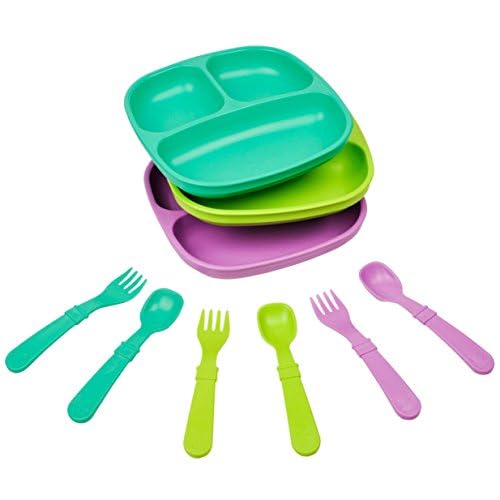 Re-Play Juego de platos y utensilios divididos de 3 x 3 pulgadas, juego de tenedores y cucharas para niños pequeños, apto para lavaplatos y microondas, fabricado en Estados Unidos, sirena
