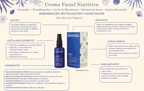 Crema facial nutritiva con 85% de Aloe vera orgánico, 50ml - Hidratación profunda para todo tipo de piel