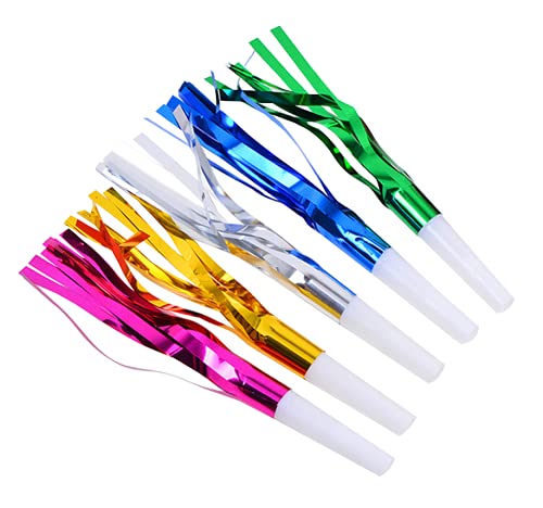 jojofuny 24 juguetes para hacer ruidos, sopladores de fiesta coloridos, silbatos metálicos con flecos de purpurina, fabricantes de ruido, juguetes de de cumpleaños (color mezclado)