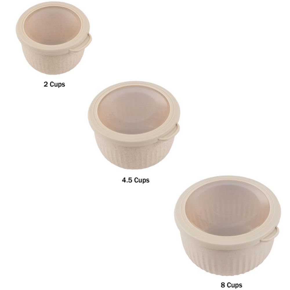 Classic Cuisine - Juego de 3 cuencos con tapas - Cuencos para mezclar aptos para microondas, congelador y nevera - Esenciales ecológicos de cocina (beige), S, M, L
