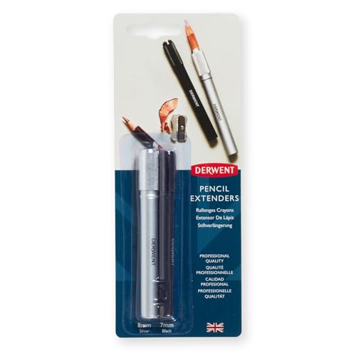 Derwent Juego de Alargador de Lápices, Plateado y Negro, para Lápices de más de 8 mm, Paquete de 2