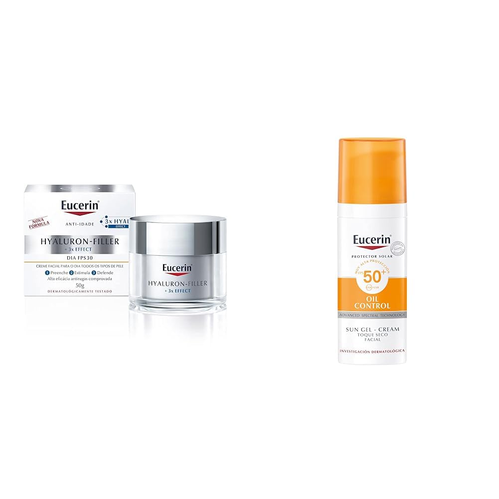 Eucerin Crema día FPS 30+ anti arrugas ácido hialurónico Hyaluron Filler,50ml + Protector solar facial efecto mate toque seco Oil Control, 50 ml