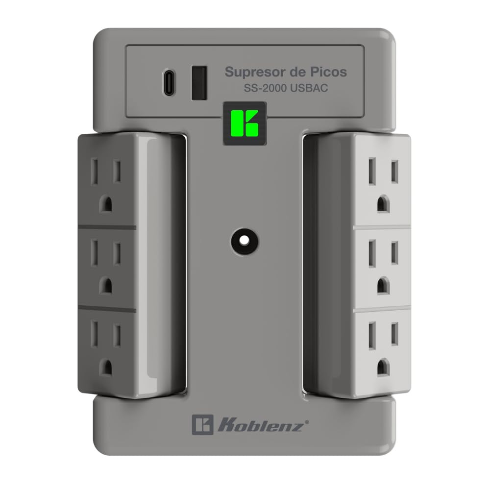 Koblenz Multicontacto USB C de Pared, Cargador de Pared, 6 Contactos Giratorios y 2 Puertos USB (1 USB C), 2000 Joules de Protección, LED Indicador, Protección Platinum de Sobrecargas, SS-2000 USBAC