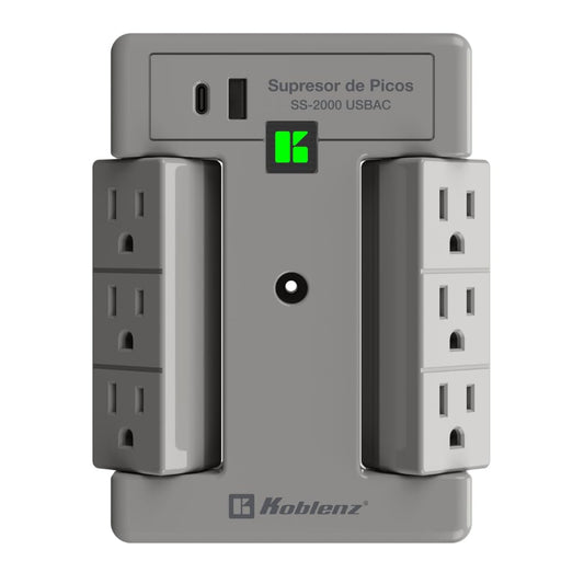 Koblenz Multicontacto USB C de Pared, Cargador de Pared, 6 Contactos Giratorios y 2 Puertos USB (1 USB C), 2000 Joules de Protección, LED Indicador, Protección Platinum de Sobrecargas, SS-2000 USBAC