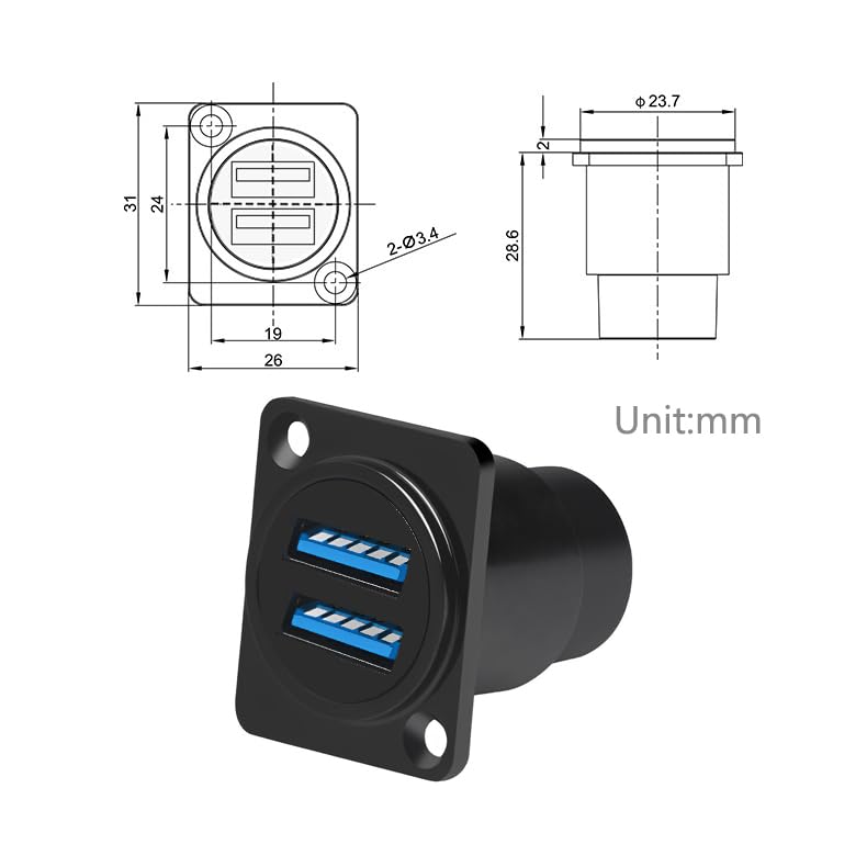 Adaptador de Montaje USB 3.0 YiKaiEn Negro Dual Hembra a Hembra con Cubierta Impermeable para Transferencia de Datos de 5 Gbps