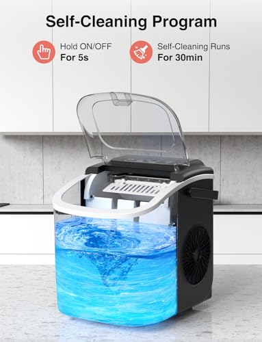 CROWNFUL - Encimera para máquina de hielo con asa, máquina de hielo autolimpiable con cuchara y cesta, 26 libras/24 horas, 9 cubos en 6 minutos, pequeña máquina de hielo portátil con cuchara y cesta